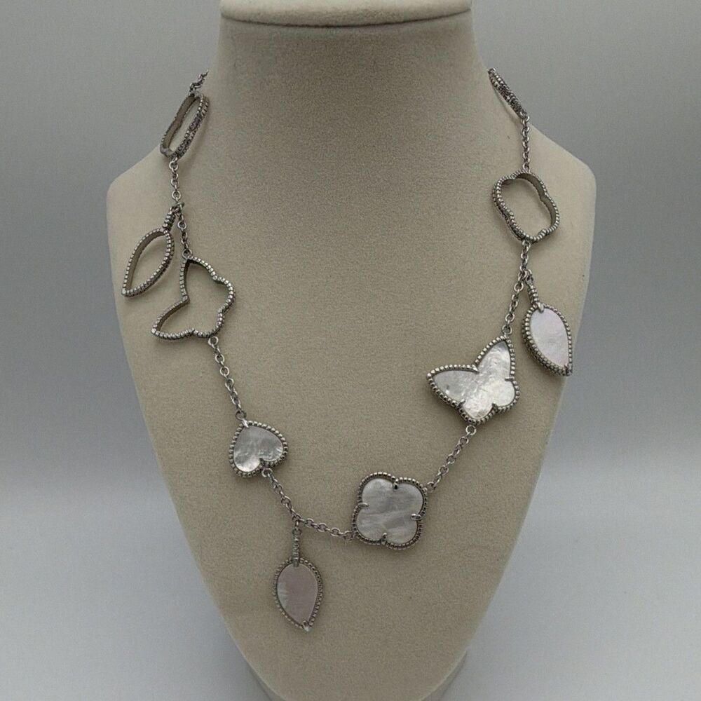 Silver Tone Mother of Pearl Station Necklace Clover Butterfly Charms 22in